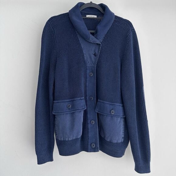 Orvis Sweater Mens Blue Hawker Shawl Knitted Cardigan Military